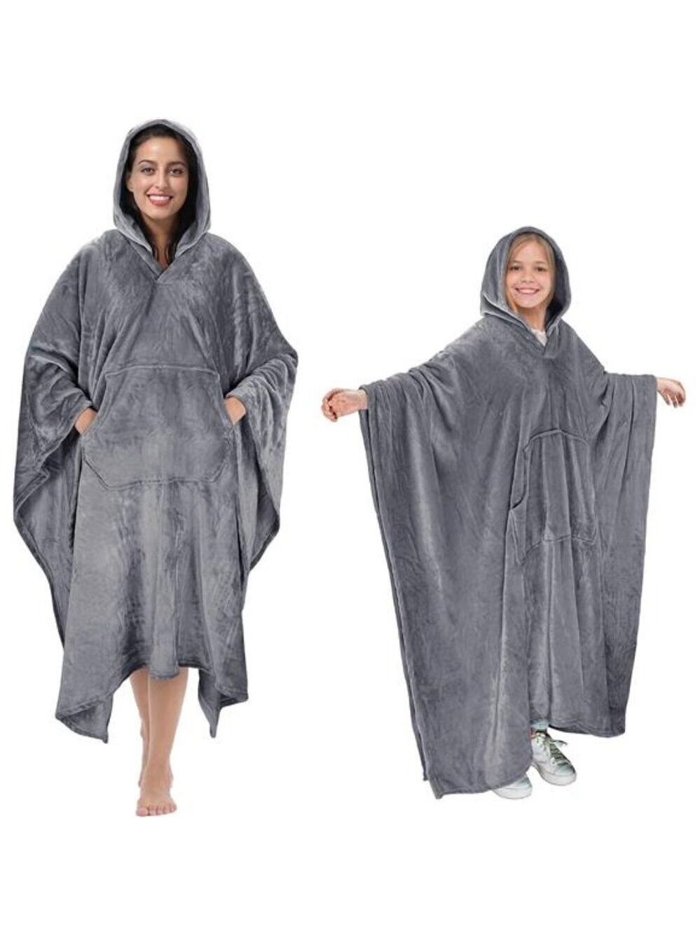 Cozy hooded poncho blanket fleece wearable throw wrap warm soft unisex grey pock
